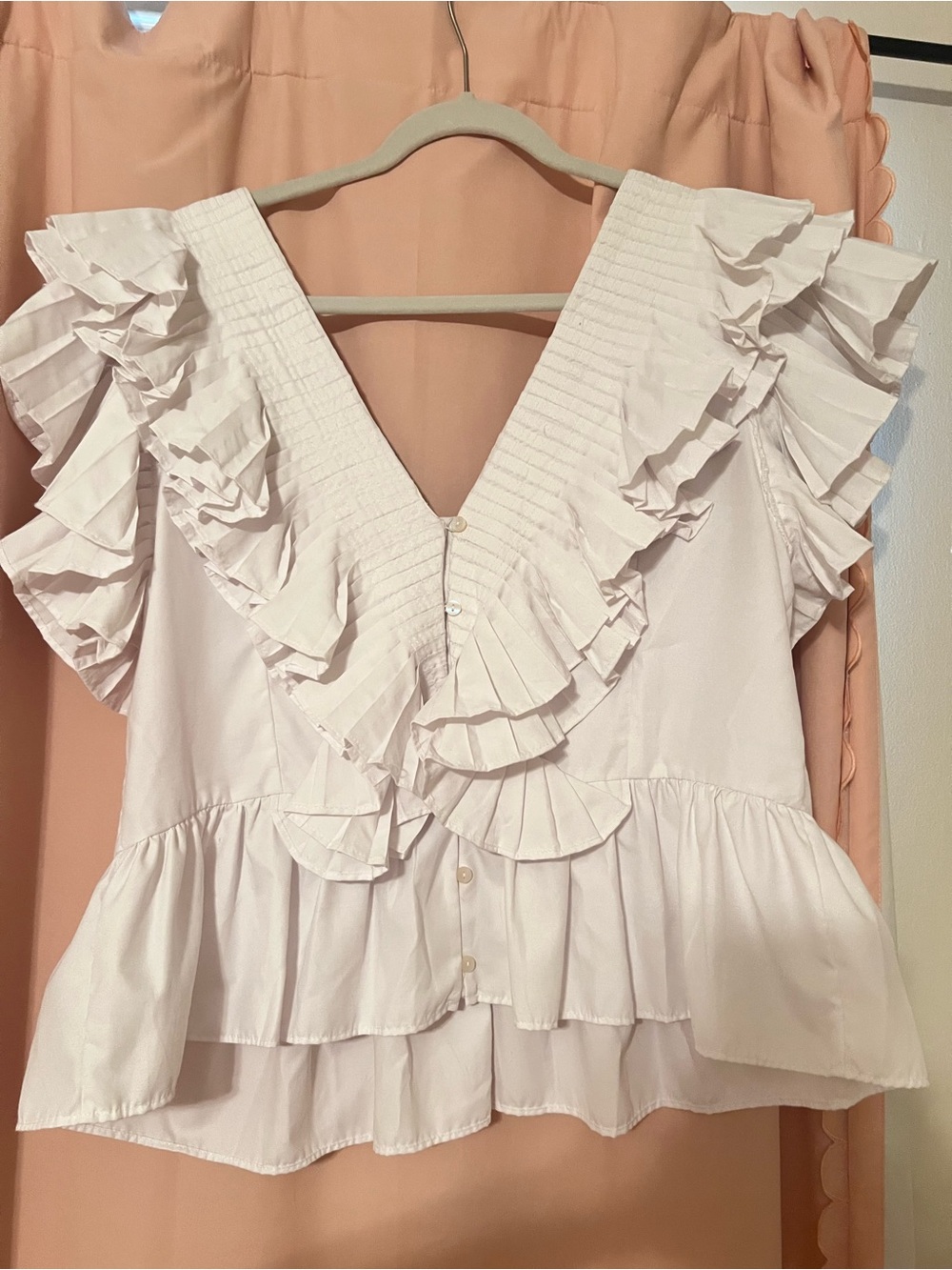 Zara White Pleated Ruffle V neck and back Top - Picture 3 of 5